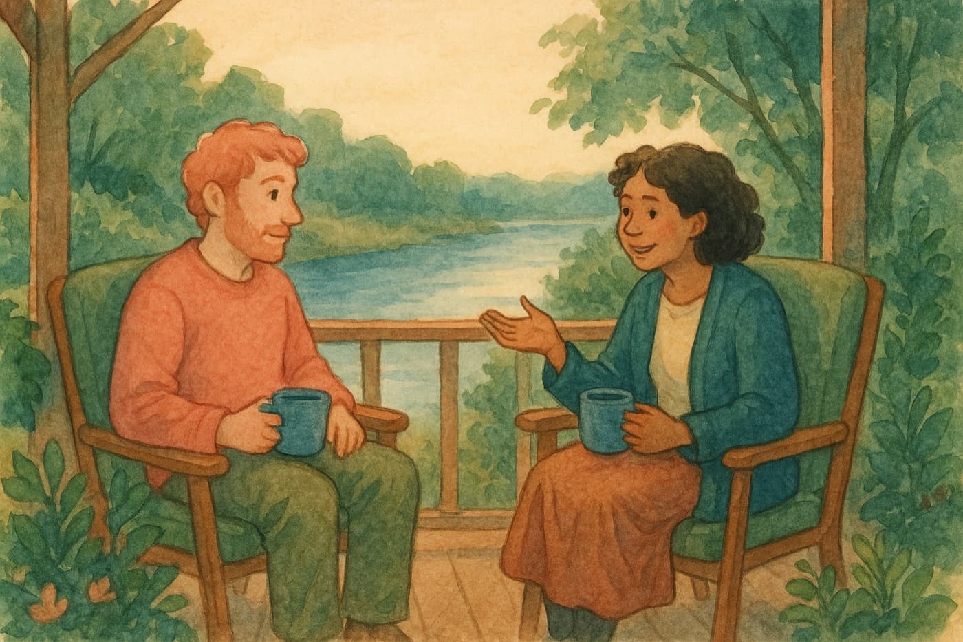Illustration of two people talking over tea on a porch overlooking a quiet river