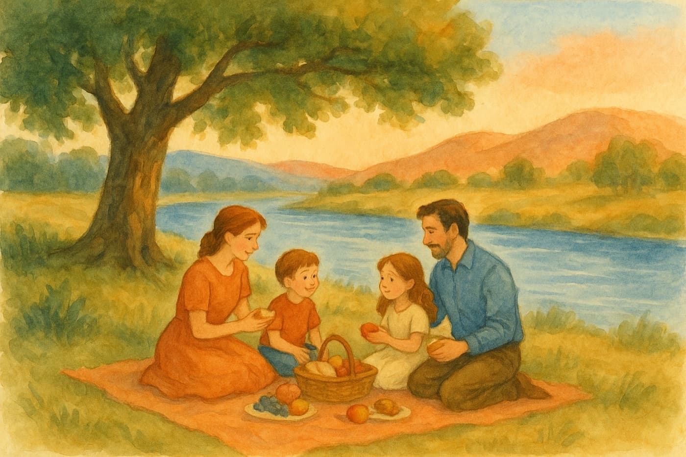 Illustration of a family of four having a picnic under an oak tree beside the river