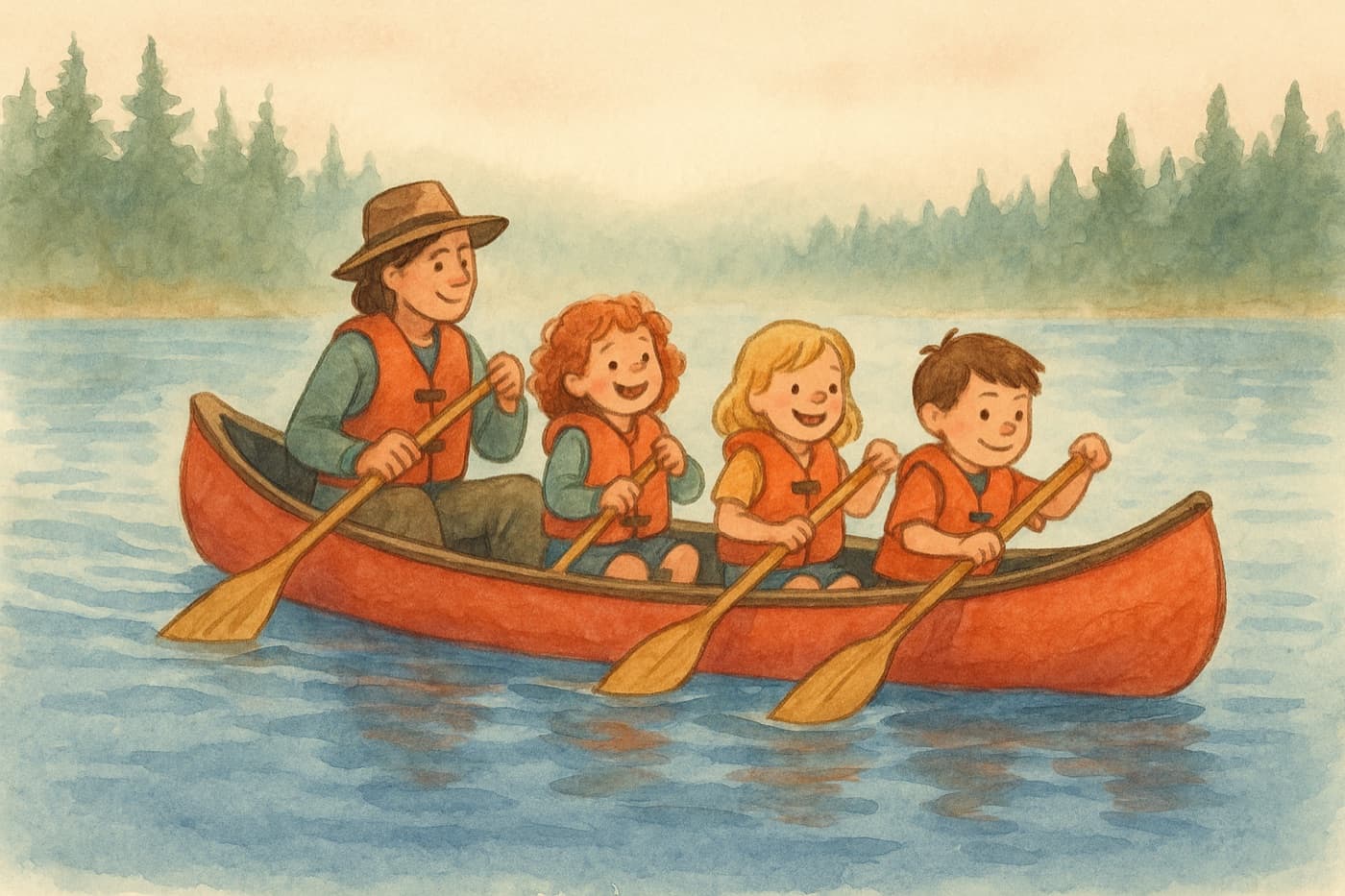 Illustration of children in life vests learning to paddle a red canoe with a guide on calm water