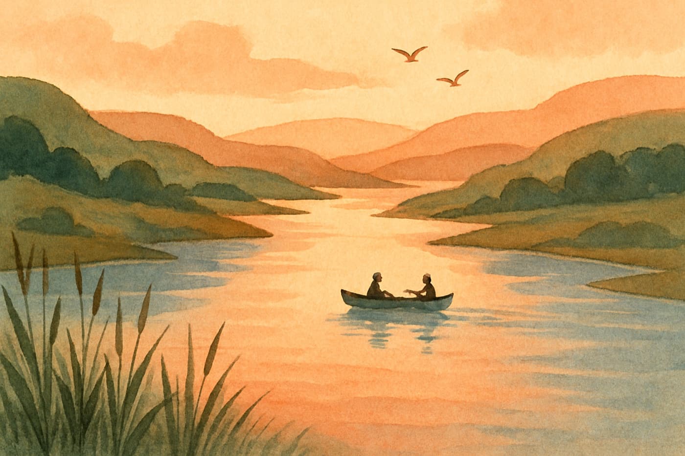 Storybook illustration of two people in a canoe on a calm river at golden hour, hills and reeds around them